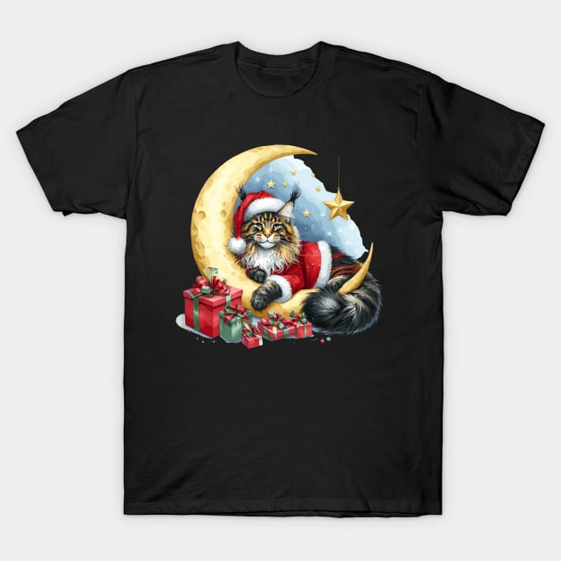 Maine Coon Cat On The Moon Christmas T-Shirt by Graceful Designs